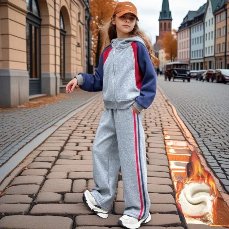 Kids Winter Tracksuit Fleece Thick Warm Hoodies Sweatpants 2pcs Teen School Children Clothing Set Casual Cozy Girls Sportswear