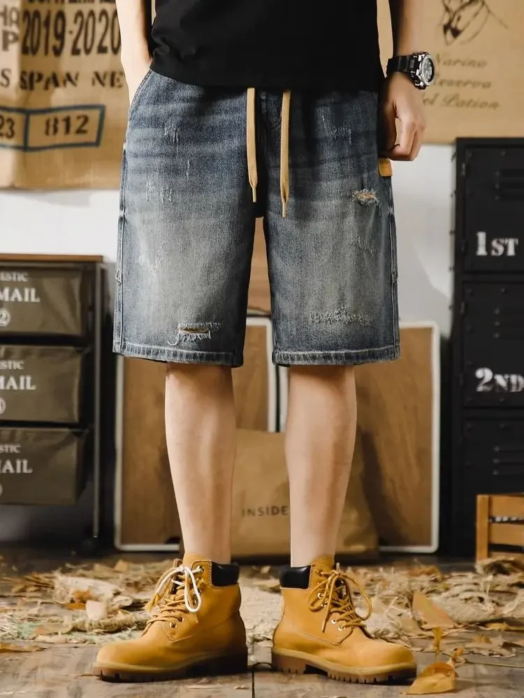 

Male Denim Shorts Loose Men's Short Jeans Pants Ripped Baggy Big Size with Pockets Oversize Wide Vintage Original Emo Harajuku