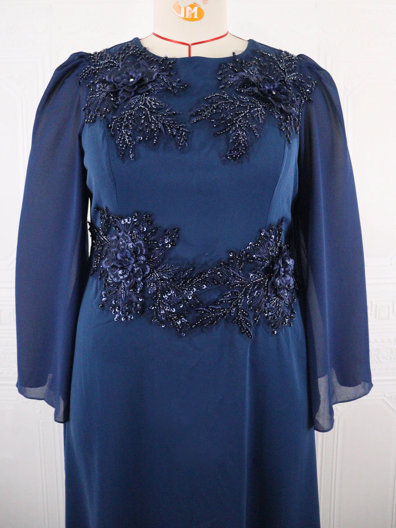 Elegant Crew Neck Beaded Embroidery Sequined Flowers Plus Size Formal Evening Party Dress With Long Sleeves - usage example
