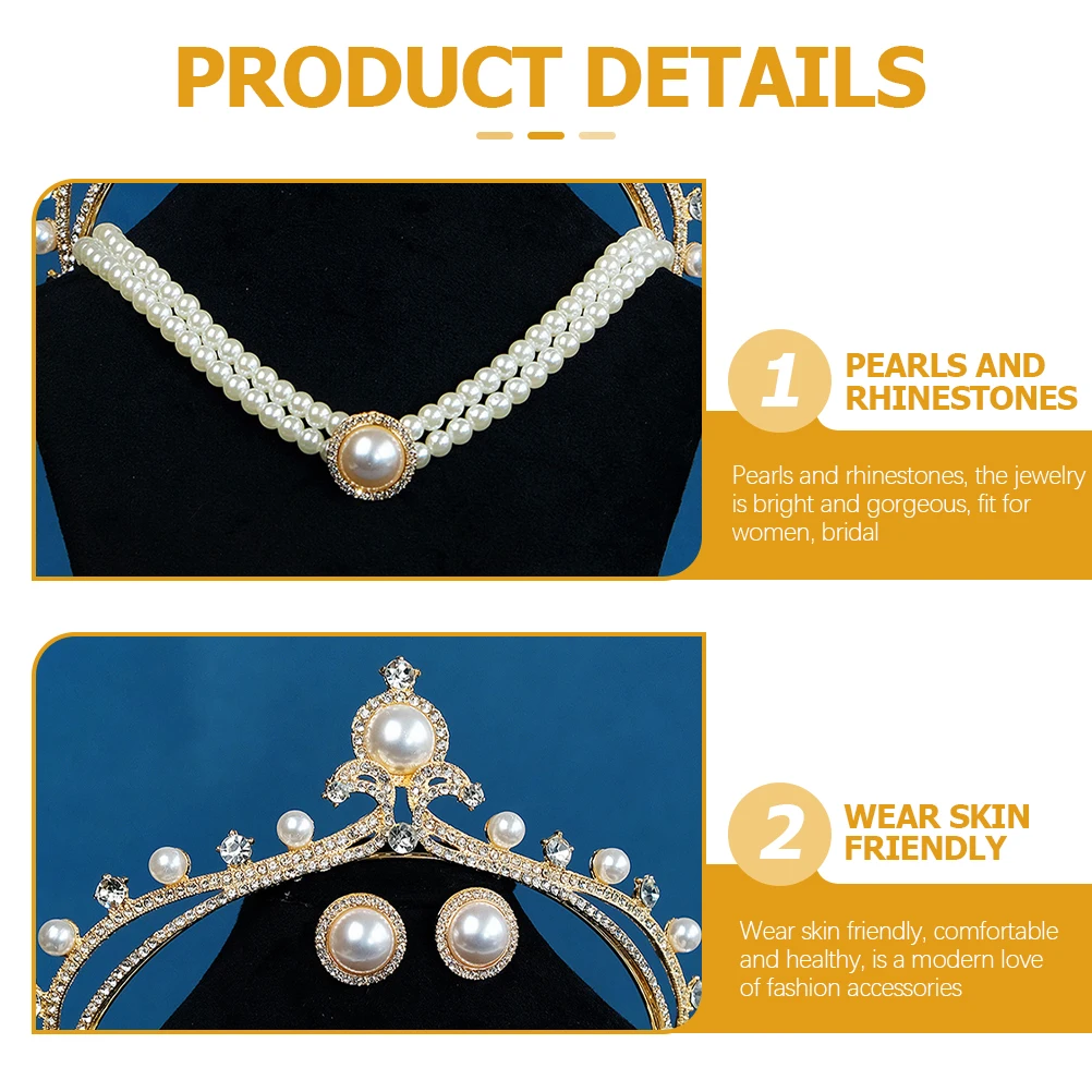 

1Set Pearl Necklace Earring Tiara Set Bridal Costume Jewelry Rhinestone Decoration Elegant Wedding Party Formal Banquet
