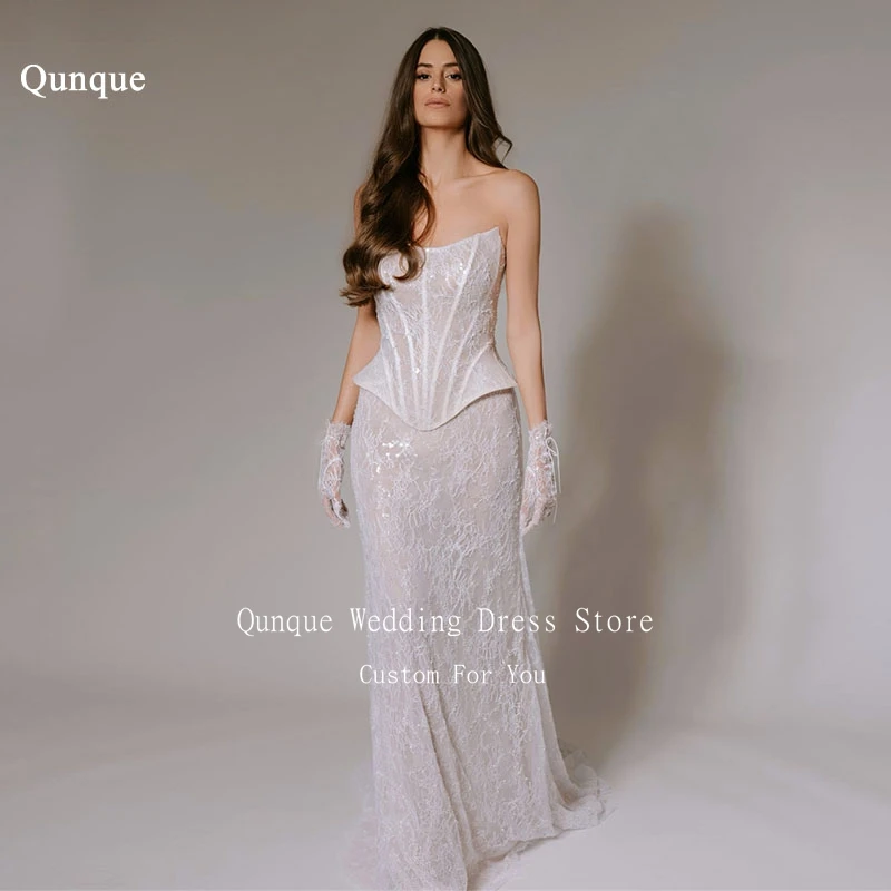 

Qunque Elegant Sequins Lace Mermaid Wedding Dress Sleeveless Strapless Court Train Bridal Gowns Vestidos De Novia Customized