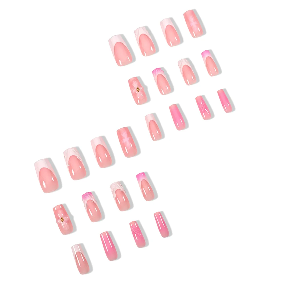 24PC Square Medium White French Press On Nails 3D Rosa Blumendekoration Nude Full Cover Wearable False Nail Valentine Fake Nail