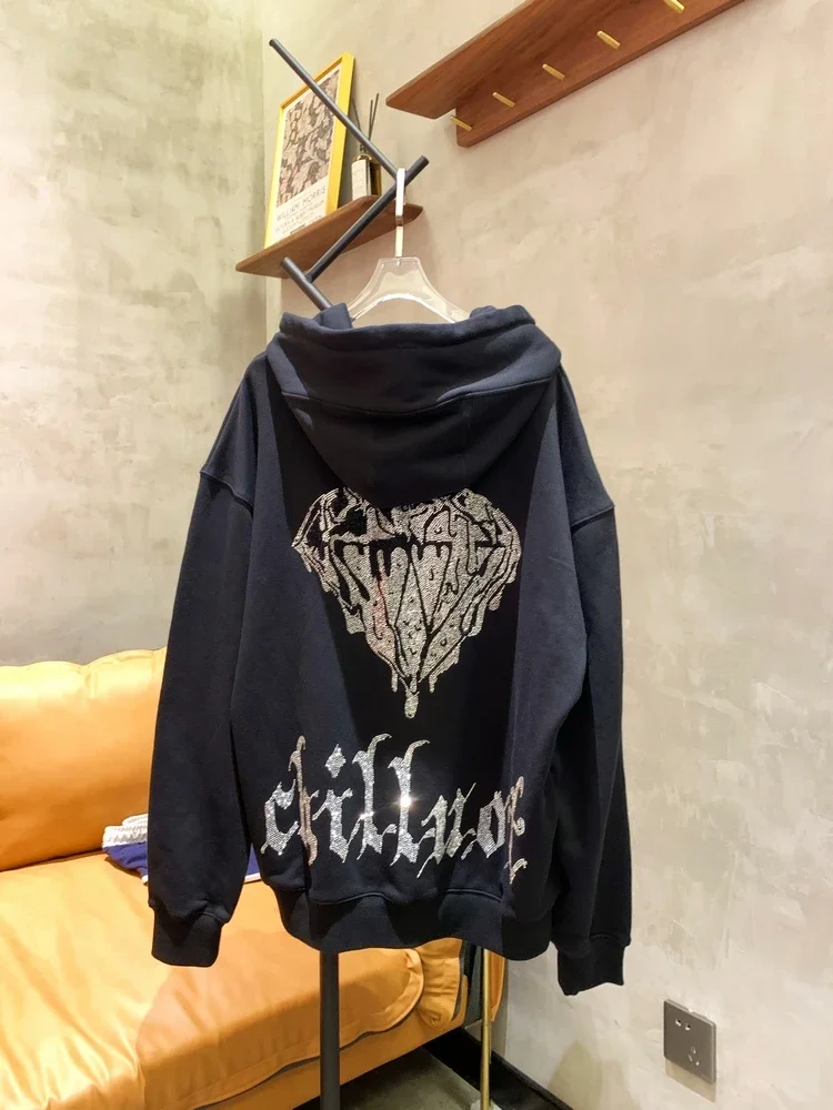 Men Women Autumn Pullovers Hooded Rhinestone Bear Wings Streetwear Hoodie Top Mid-length Oversize Long Sleeve Black Sweatshirt