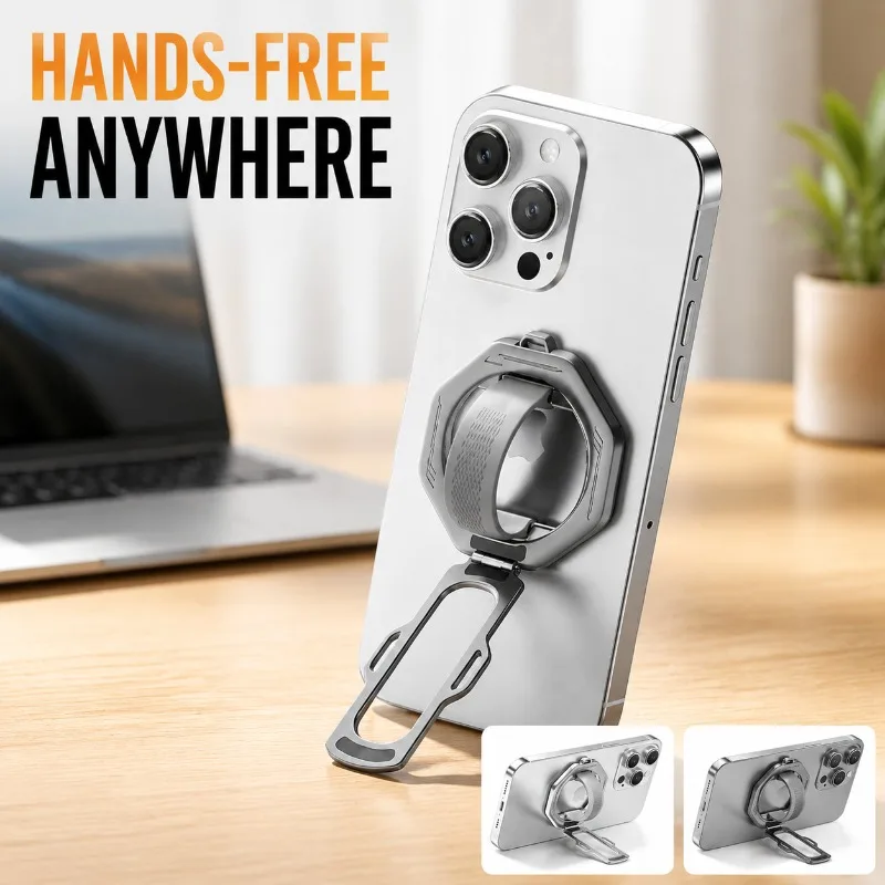 Magnetic Metal Phone Holder, Rotating Foldable Anti-Slip Desktop Silicone Ring Stand, Universal Smartphone Bracket for Office