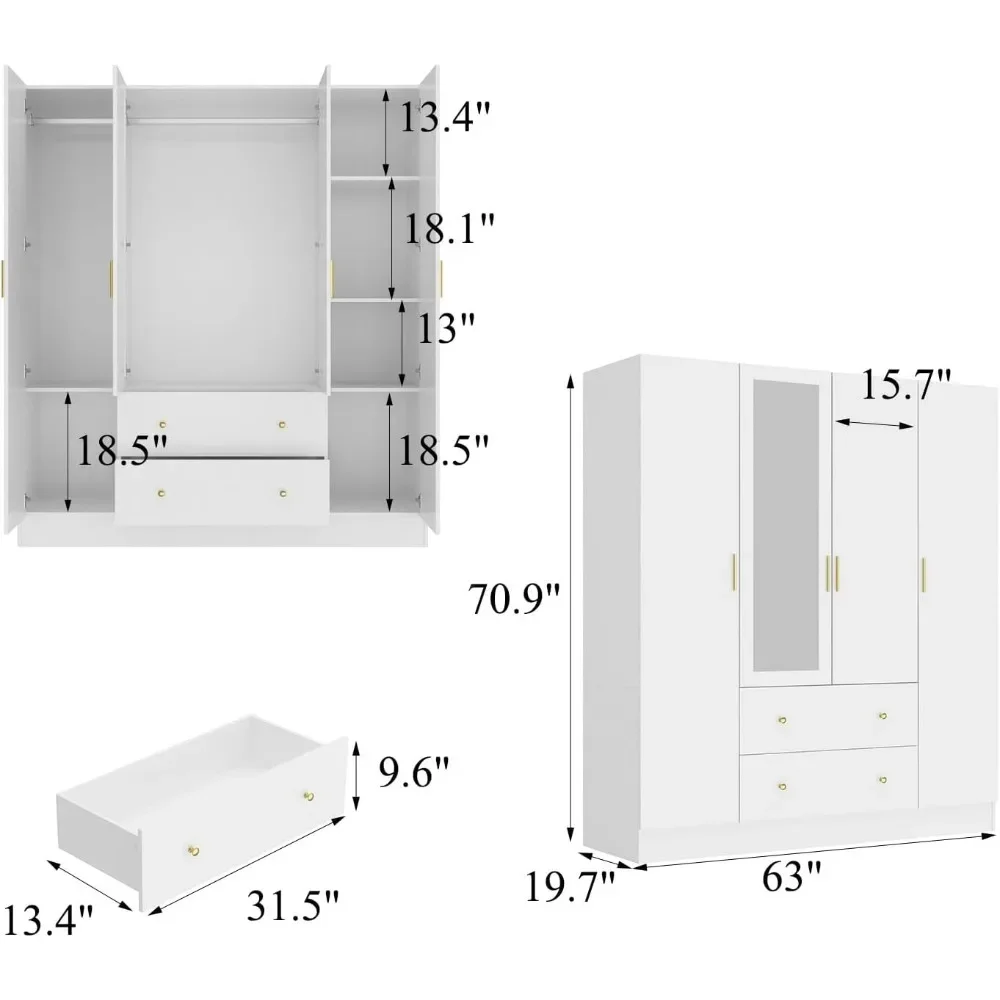 4-Door Wardrobe Closet with Mirror, Armoires and Wardrobes with Drawers and Shelves, Armoire Wardrobe Closet with Hanging Rod