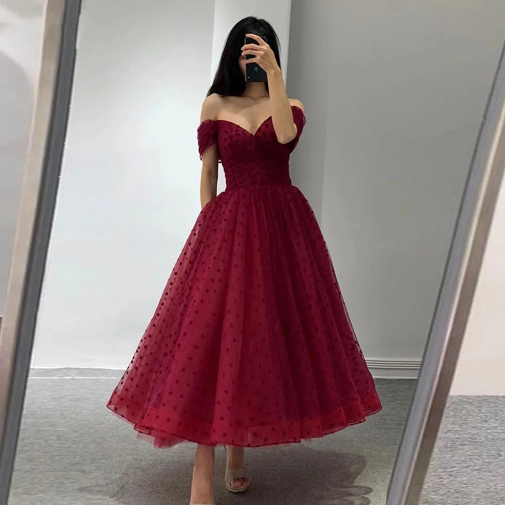 

Customized fashion Red Polka dot Evening Dresses A-line Off the shoulder Deep V-neck Sexy Tea-Length Tulle Prom Gowns