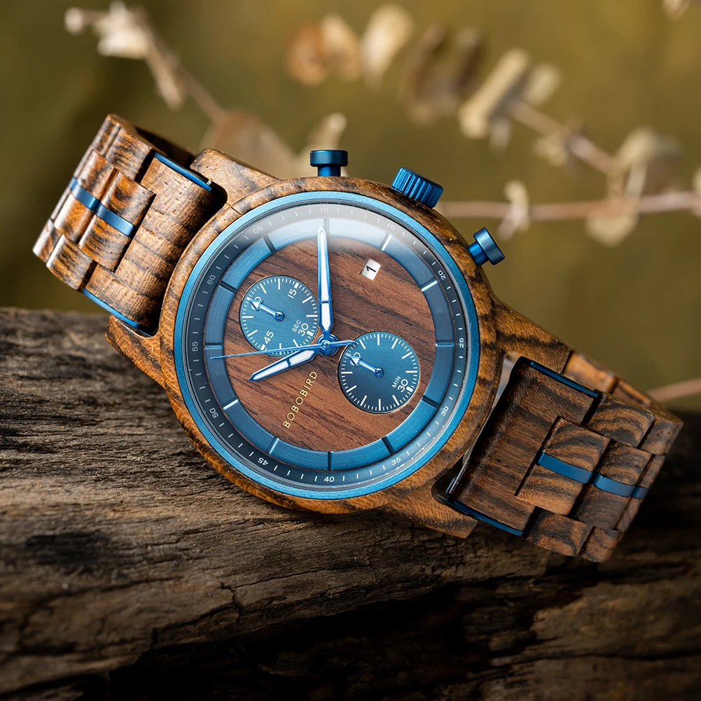 BOBO BIRD Wood Watch Men Business Japanese Quartz Movement Watches Engraved Chronograph Wristwatch with Date Display Custom Gift