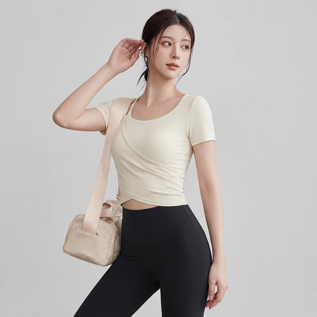 Summer new slim fit sports top with chest cushion for slimming and high appearance Pilates training fitness suit T-shirt