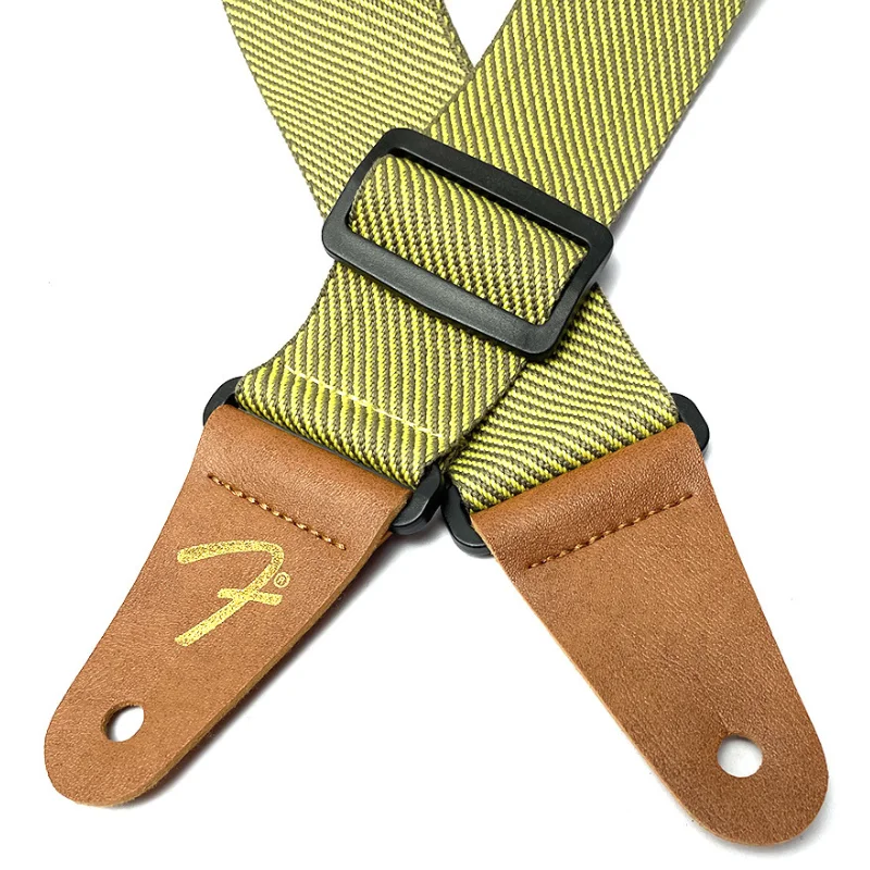 Gelber Twill-Gitarrengurt, verstellbar, bequem, für Akustik-, E-Gitarre, Folk- und Bassgitarre, Leder-Gitarrengurt – Detail 6