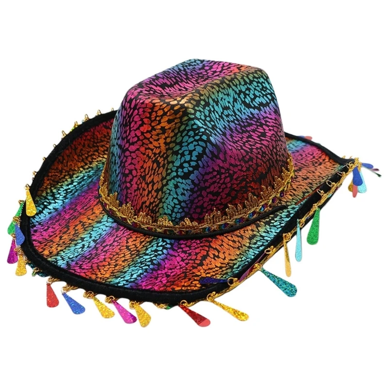  Rainbow Western Party Hat with Sequined Trim Cosplay Hat for Costume Enhancement