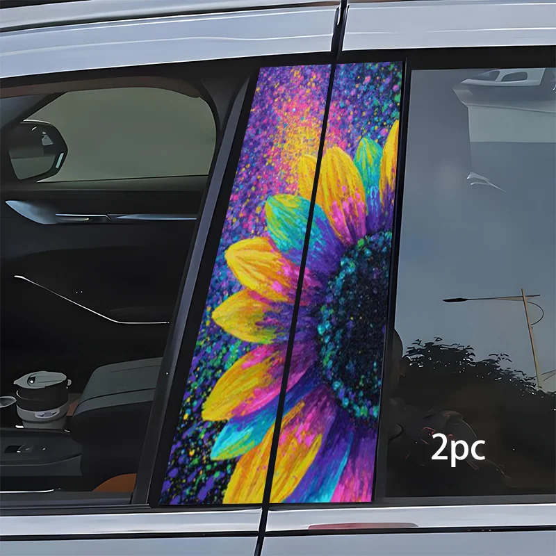 

2PC colorful sunflowers bloom under the stars, car center post stickers, waterproof/sunscreen/vinyl stickers, fit, glass, plasti