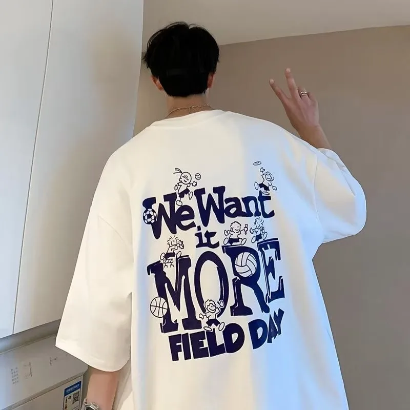 M-8XL Fashion Casual Korean Version Men Short Sleeve T-shirt Popular Style Letter WEW Print Oversized Round Neck T-shirt