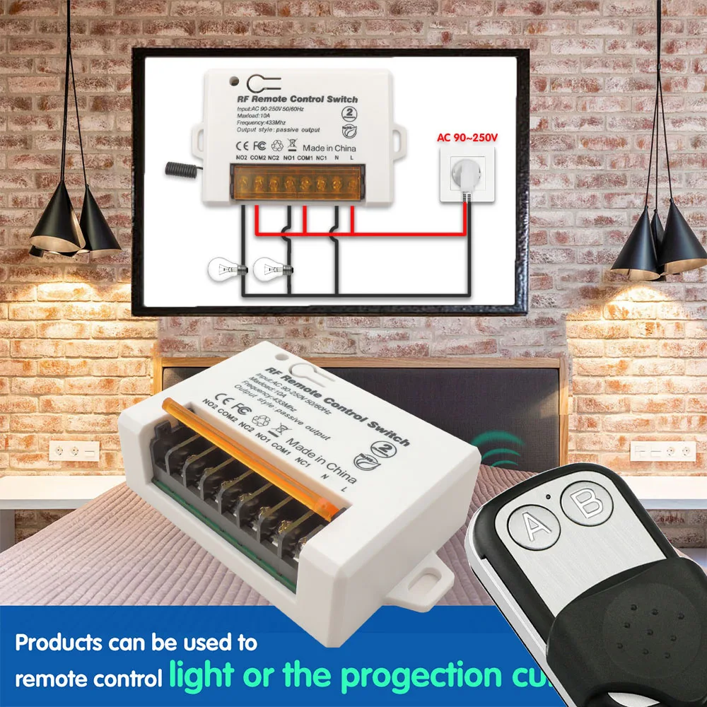 433mhz Rf Wireless Remote Control Switch AC 220V 2CH Garage Door Relay Receiver Lighting Controller and 2 Button Transmitter