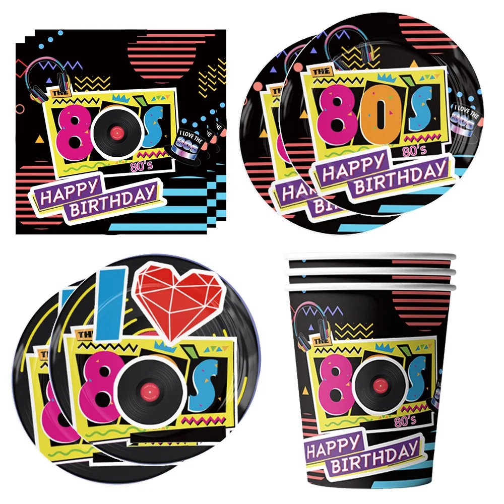 80s Birthday Party disposable tableware set 80s party plate cup napkin Tablecloth Back To 80s Birthday Party Decoration Banner