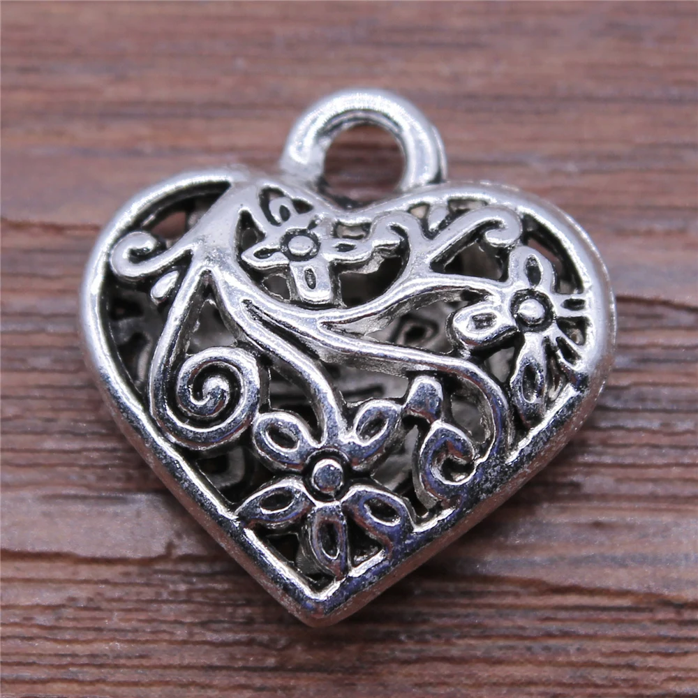 WYSIWYG 5pcs 20x21mm Charms 3D Hollow Carved Heart Antique Silver Color Metal Alloy Charms Jewelry DIY Accessories