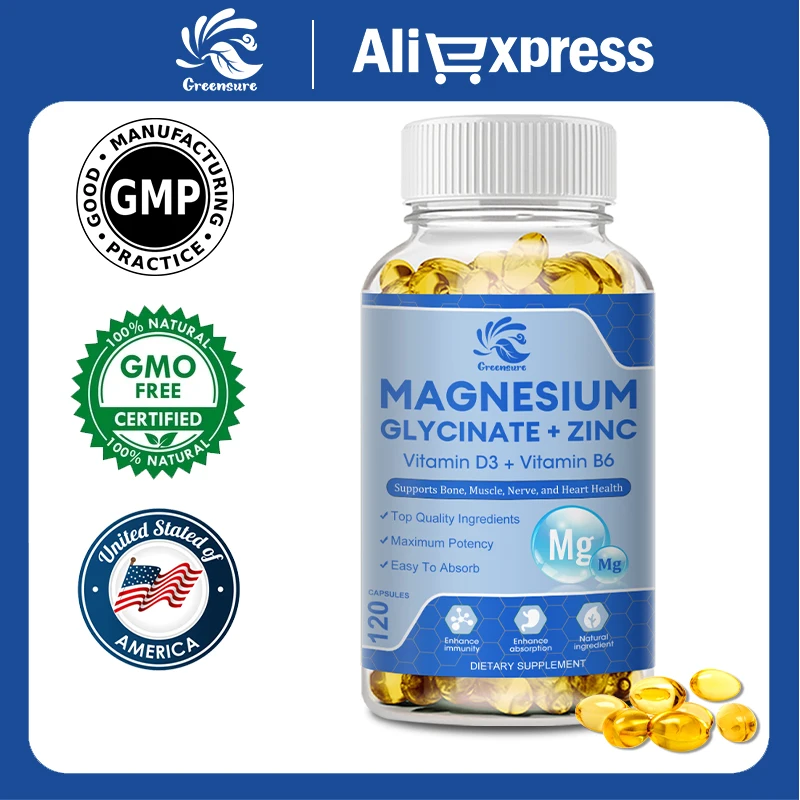 Magnesium Glycinate D3 B6 Capsules for Relax Sleep Nerve Muscle and Heart Health Supplement