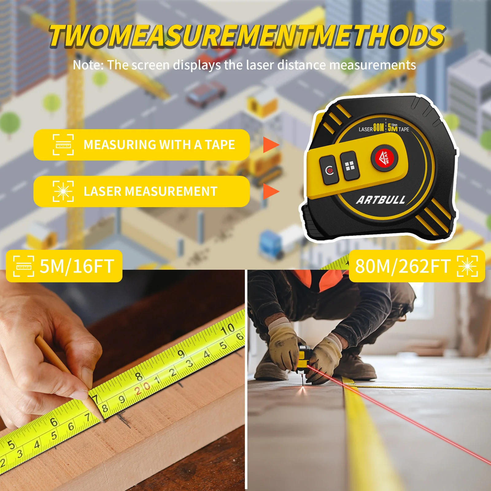 2in1 Multifunction Rechargeable 80m 40m with 5m Tape LCD Display with Backlight Laser Rangefinder Laser Tape Measure