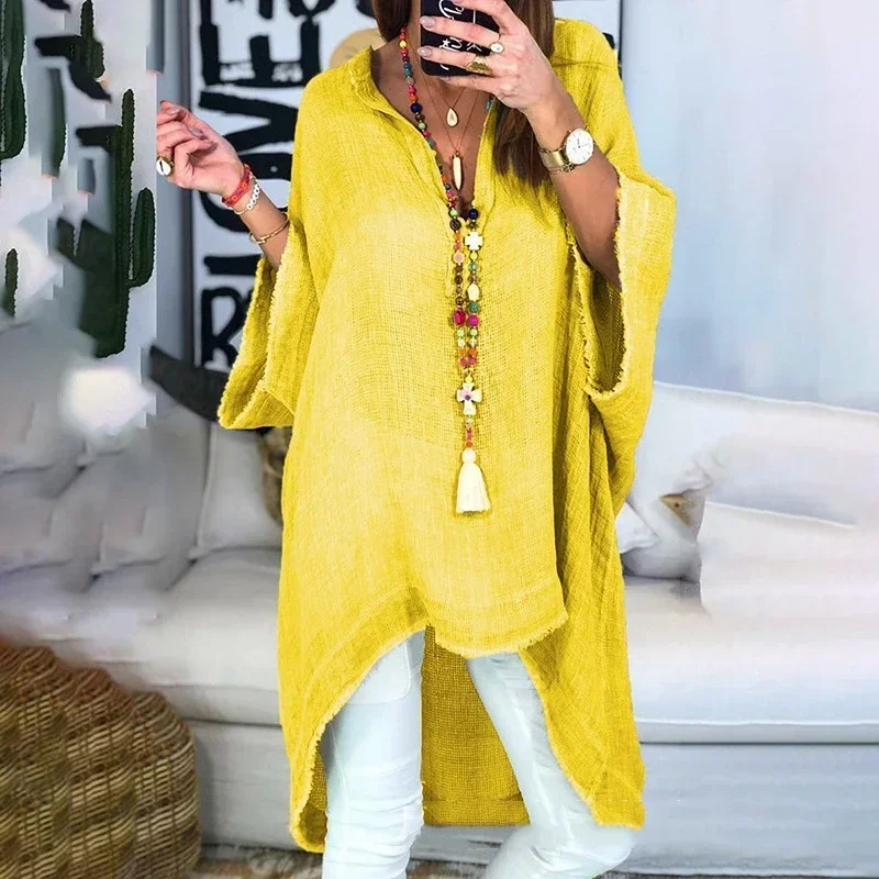 Lugentolo Large Size Blouses Women Linen Loose V-Neck Solid Three Quarter Casual Irregular Hem Womens Tops and Shirts
