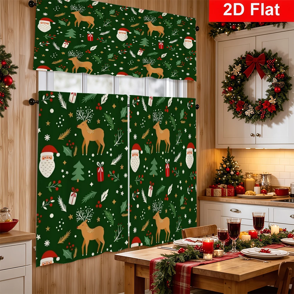 Christmas Kitchen Curtains, Reindeer Santa Head Holly, Digital Print, Kitchen Dining Room, Rod Pocket Polyester, Home Decor