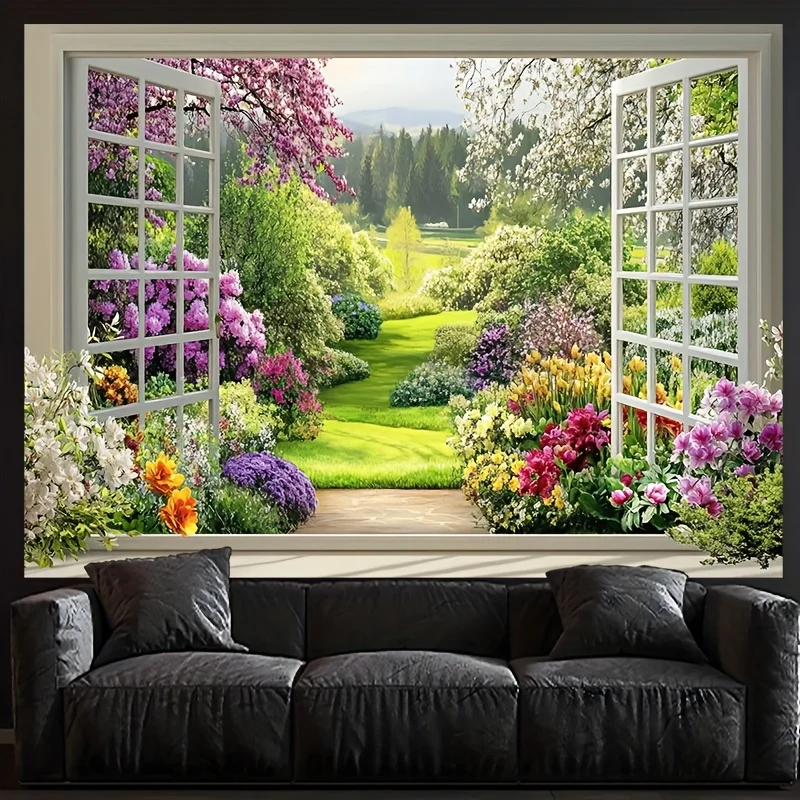 2D flaches 1-teiliges Polyester-Banner mit Frühlingsgartenlandschaft, durch das Fenster, perfekte Wohnzimmerdekoration und Raumdekoration – Detail 5