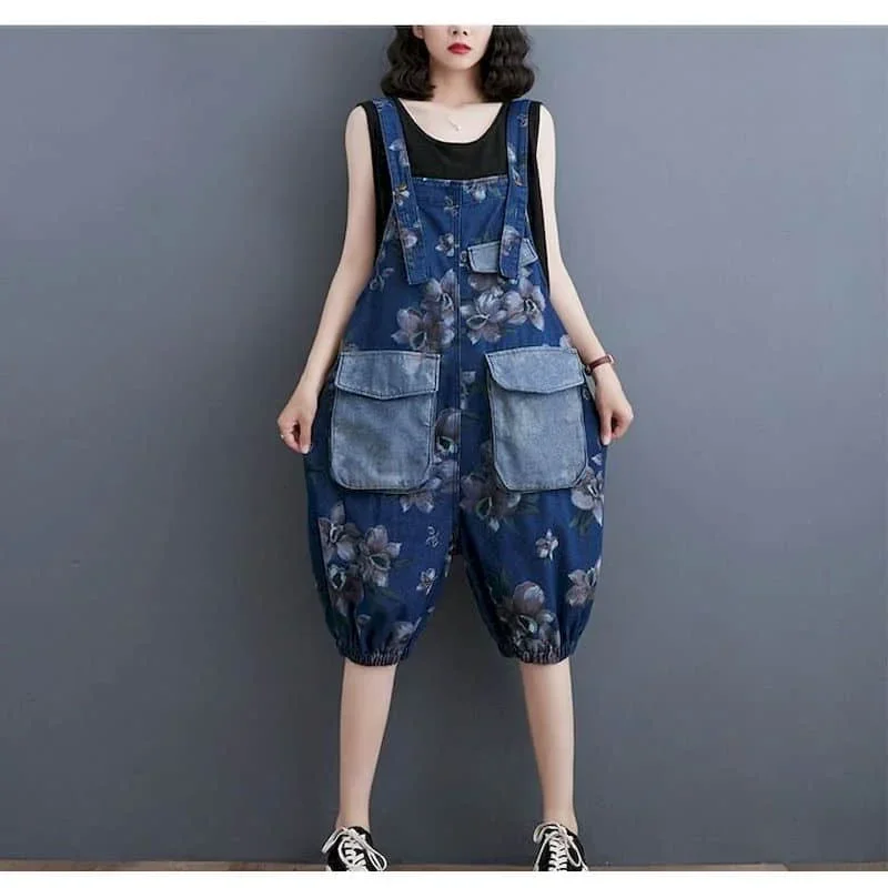 

Denim Jumpsuits Vintage Floral Print Summer New Loose Fit Harem Capris Casual Straight Bodysuit One Piece Outfits Women Clothing