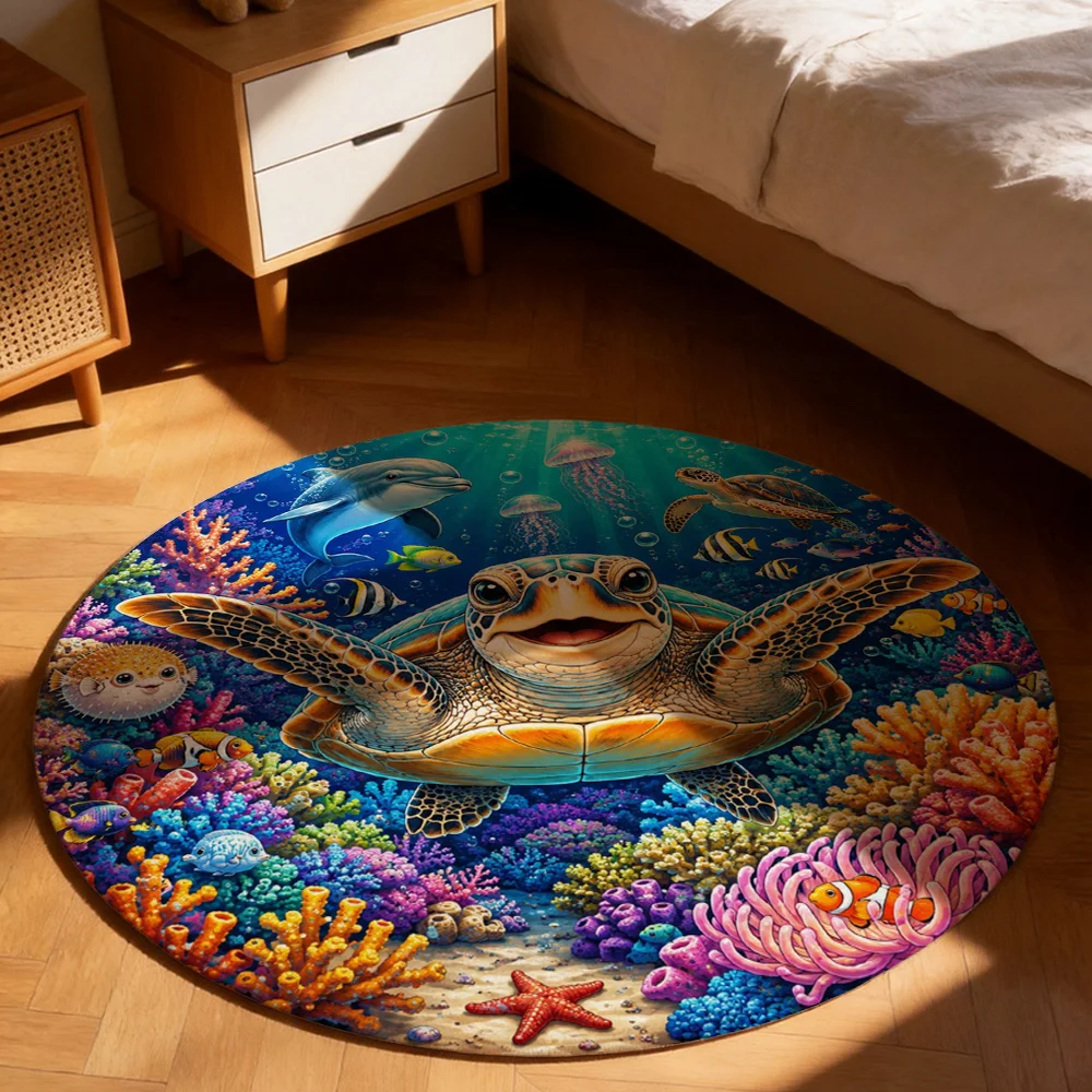 Vibrant Tropical Ocean Life Round Doormat Beach Decor Cute Sea Turtle Coral Pattern Bathroom Mat
