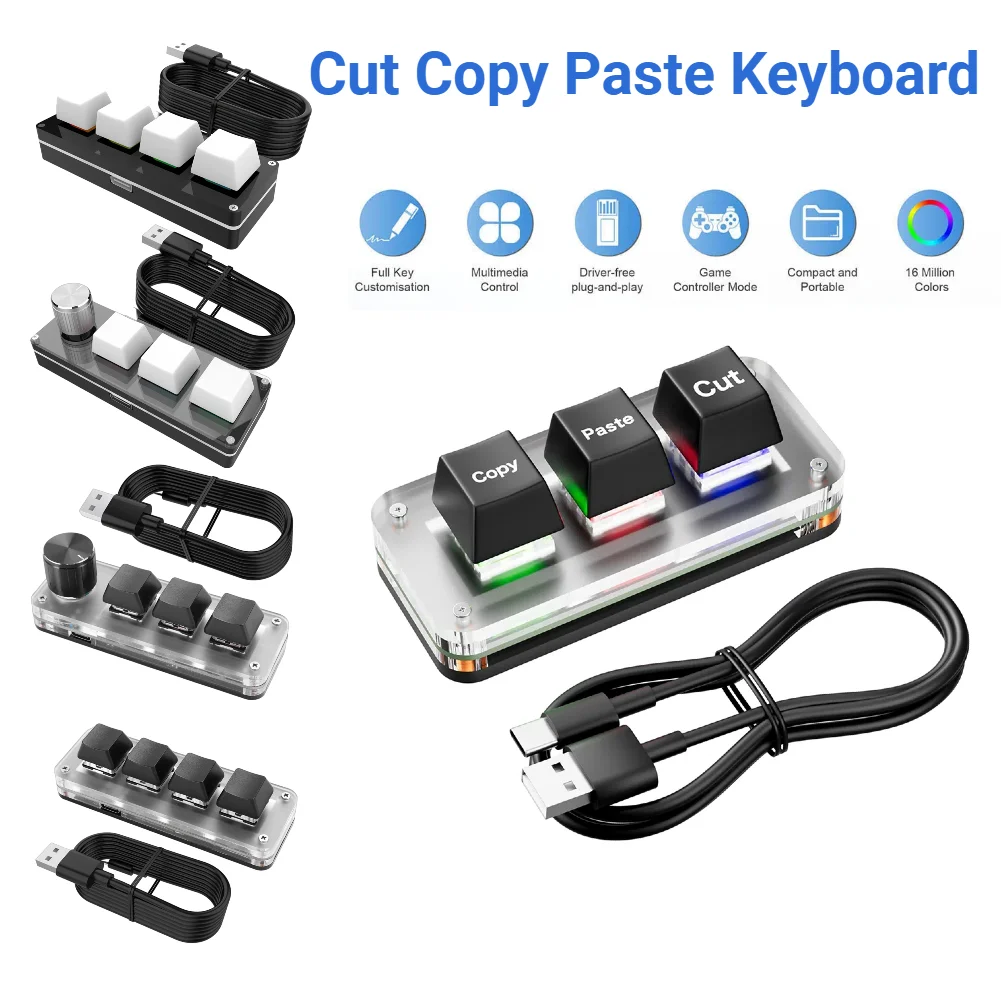 Клавиатура RGB Mini Cut с функцией копирования и вставки, клавиатура Hotswap, 3 клавиши, клавиши Ctrl X C V, быстрая клавиатура для одной руки, USB Type-C, макро клавиатура, Игровая клавиатура