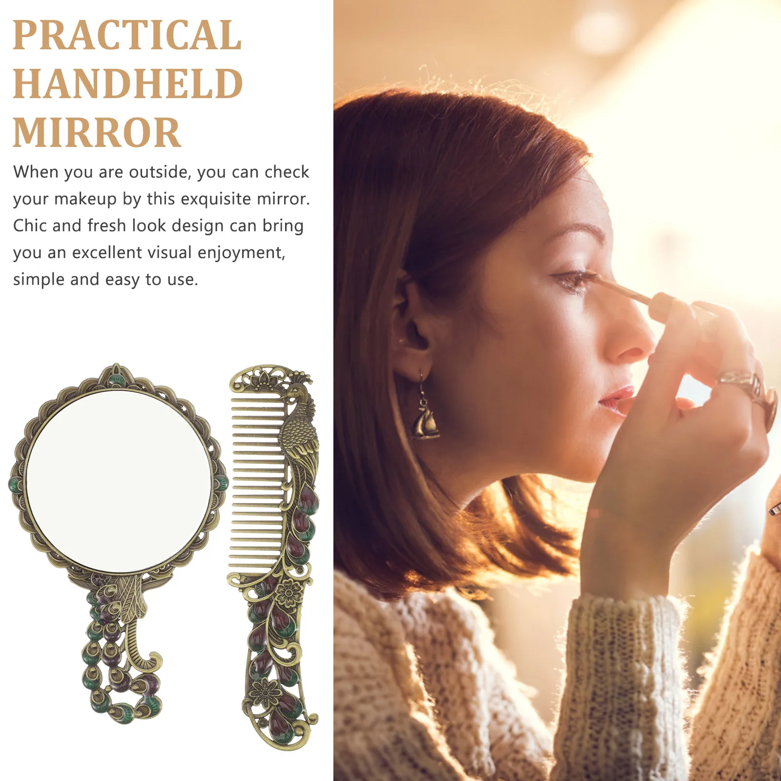 1 مجموعة معدنية يده مرآة ماكياج خمر التعامل مع المدمجة السفر مرآة صغيرة مشط مجموعة مرايا اليد مع مقبض #3