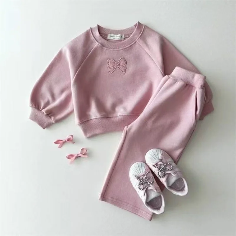 

Baby Girls' Autumn Cotton Hoodies Pants Set Sweat Suit Children's Clothing Cotton Bow Four Season Sports Two-Piece Set