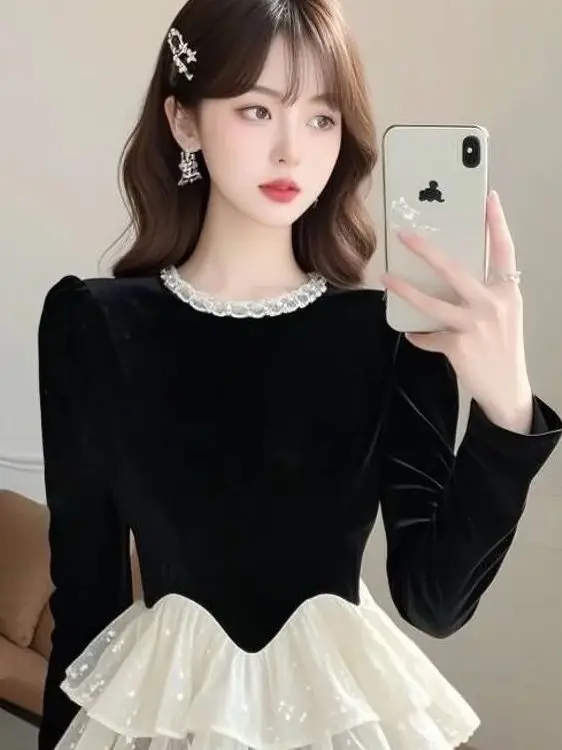 엘레 블라 벨벳 탑 여성용 슬림핏 베이스 레이어 봄 가을 럭셔리 감성 레트로 프랑스 스타일