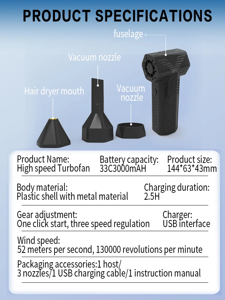 130000   Ventilador violento rpm, motor sem escova de 52 m/s, mini ventilador turbo jato portátil, ventilador violento turbo, 3 velocidades, ventilador de duto industrial