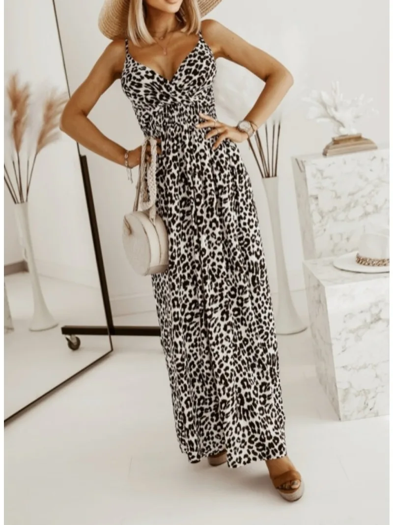Women's Fashionable Long Leopard Print Printed Camisole Dress for Leisure Vacation with Large V-neck and Ankle Skirt