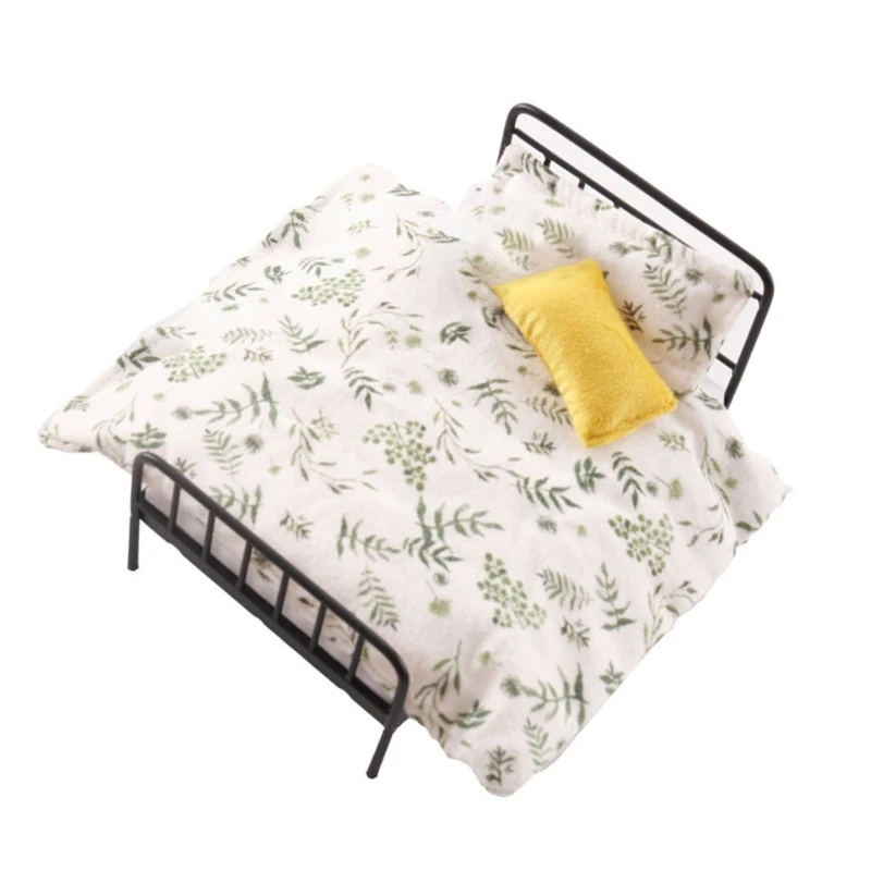 

54DA Miniature Iron Bed Set With Soft Quilt Pillow Bedding 1/12 Doll House Furniture