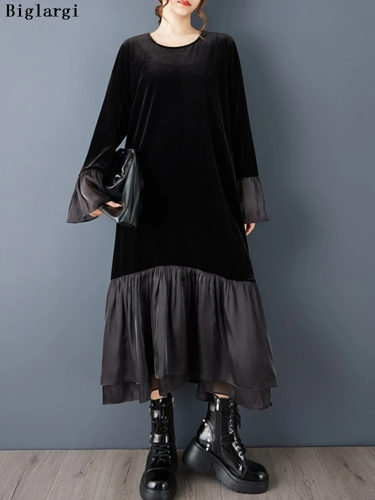 Robe surdimensionnée en velours pour femmes, rétro, Patchwork, évasée, manches longues, robes amples, printemps automne