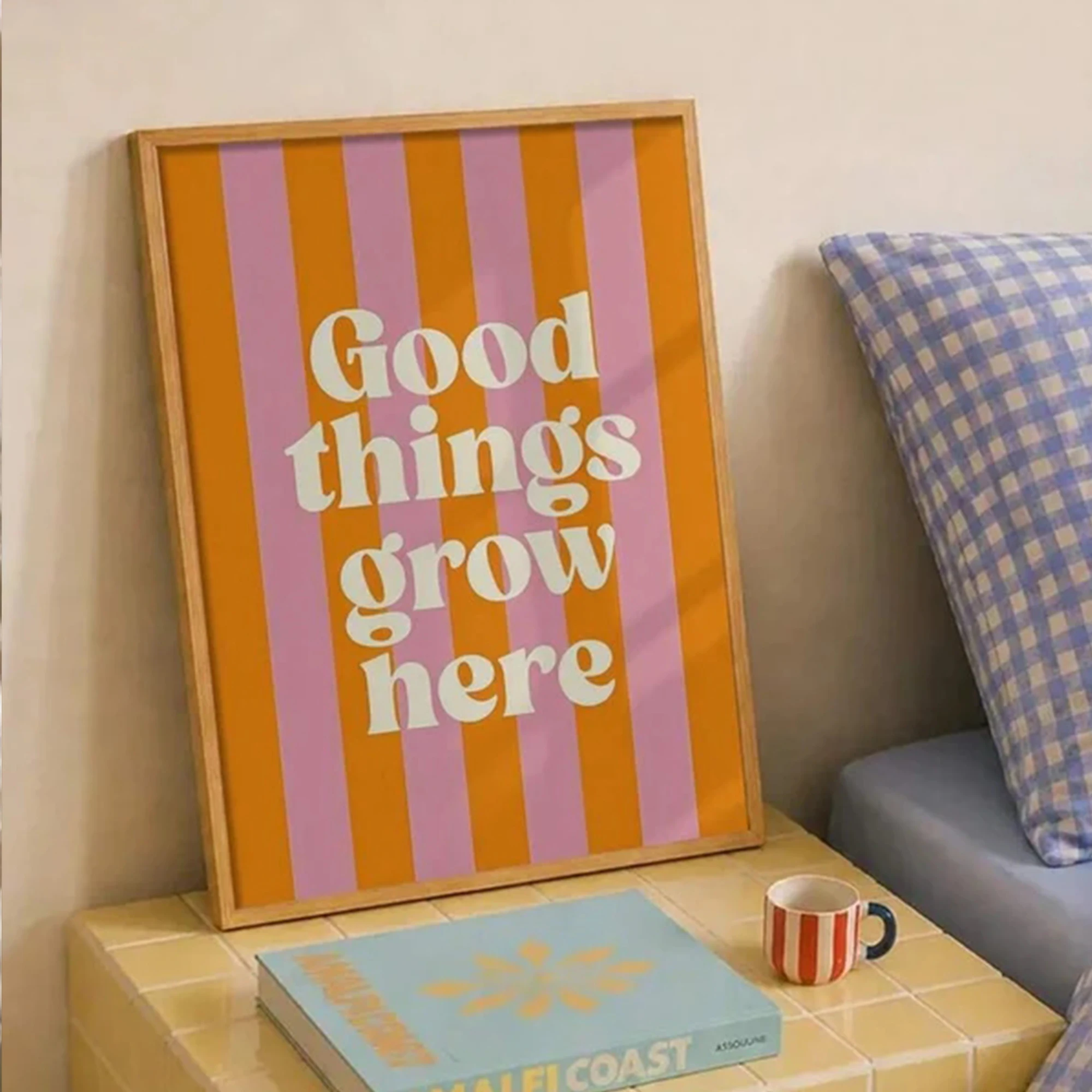 Retro Orange Pink Stripe Good Things Grow Here Wall Art Print Canvas Painting Poster Picture For Bedroom,Living Room Home Decor