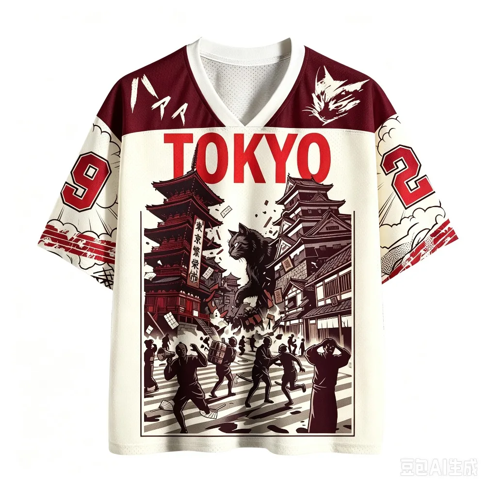 Retro Tokyo Riesige Schwarze Katze 3D-Druck Feuchtigkeitsableitendes V-Ausschnitt T-Shirt für Männer und Frauen, Modische Streetwear für Eltern und Kinder – Detail 6