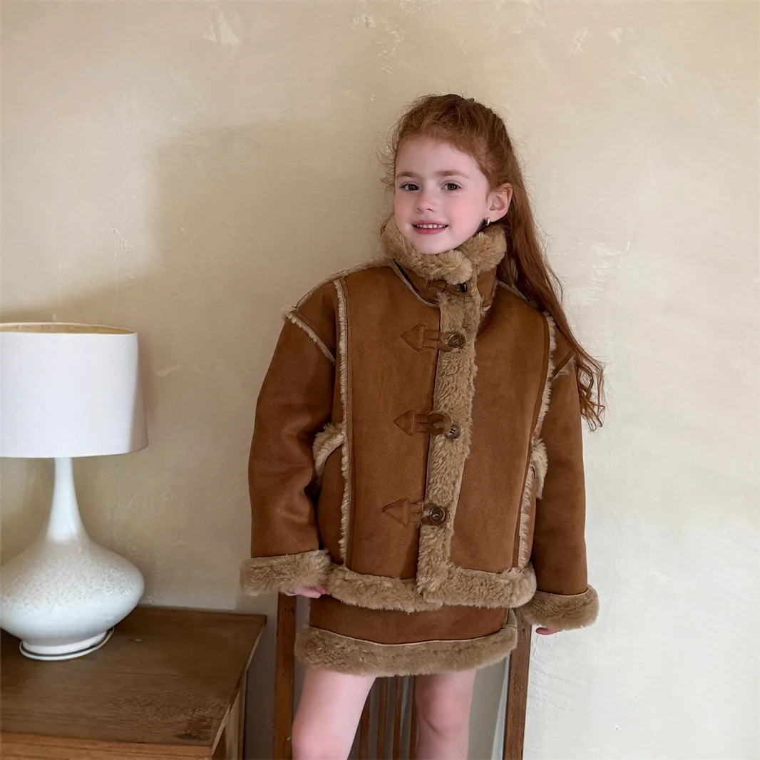 

Girls' Quilted Jacket 2025 Fall/Winter New Arrival Printed Fashionable Warm Children's Coat Pure Cotton Cute Brown Girls' Skirt