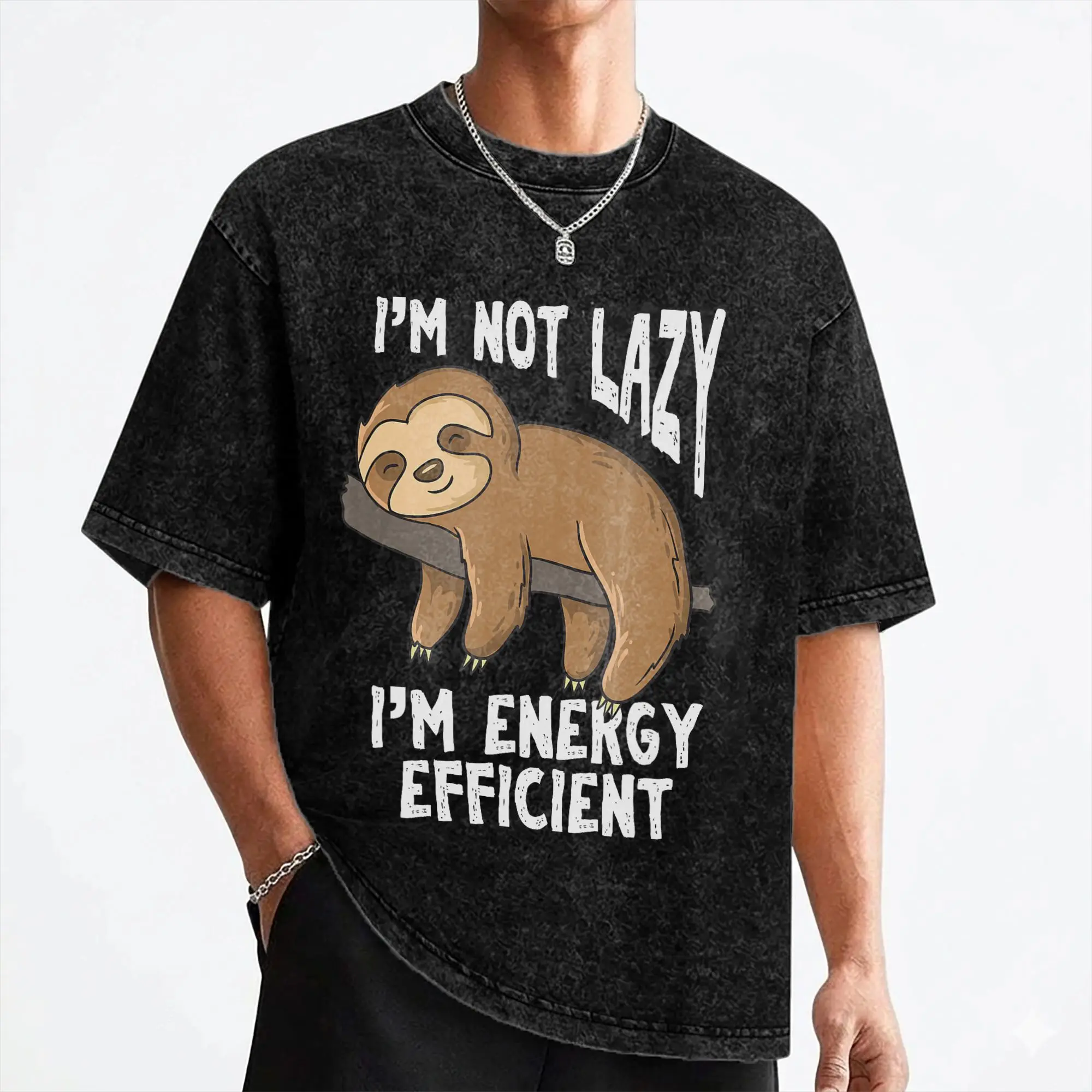 I'm Not Lazy I'm Energy Efficient Funny Sloths T Shirt Washed Short Sleeve T-Shirts  Vintage Men Women Streetwear Summer Tees