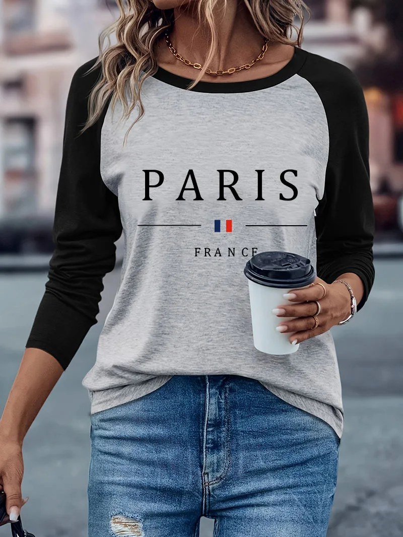 Modisches Paris-Schriftzug-Print Casual Langarm-T-Shirt Trendiges Design Winter Herbst Grafik Langarm-T-Shirt Damen