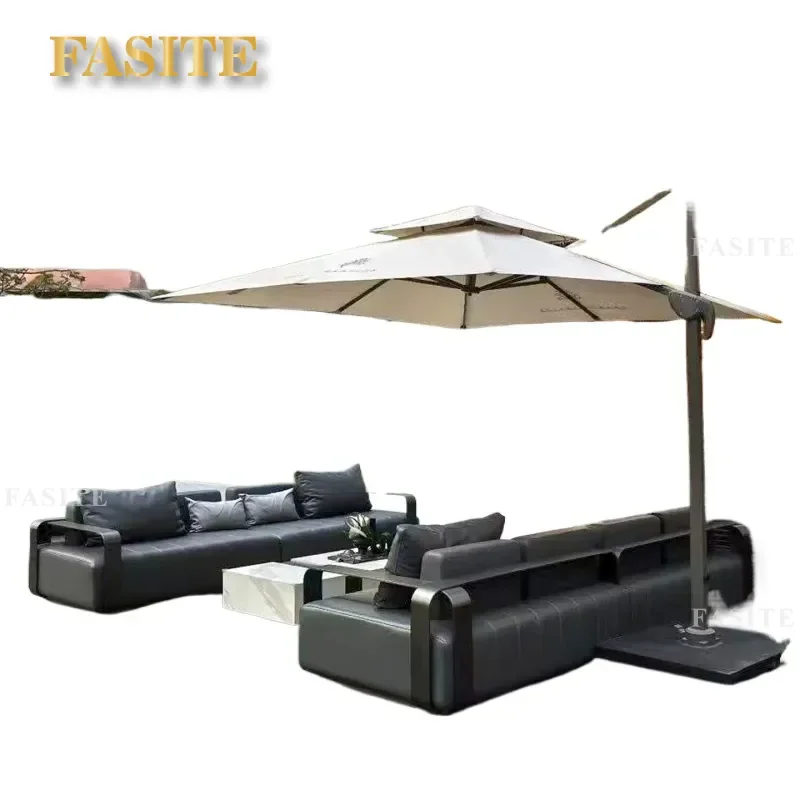 For Outdoor Dark Gray Leather Sofa Italian Light Luxury Waterproof Courtyard Terrace Hotel Clubhouse Leisure Combination