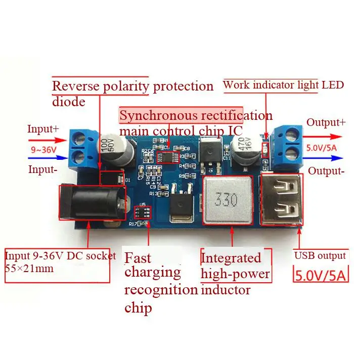 24V/12V auf 5V 5A Leistungsmodul DC-DC XY-3606 Leistungswandler, basierend auf LM2596S – Detail 2