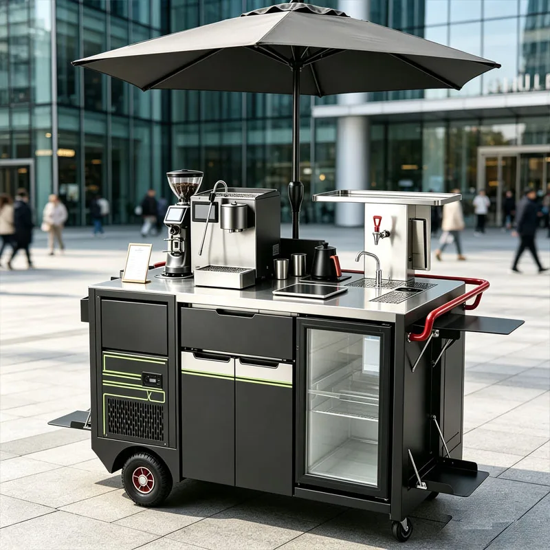 Street Pop Up Mobile Coffee Trolley Stainless Steel Coffee Cart With Storage Cabinets Customized