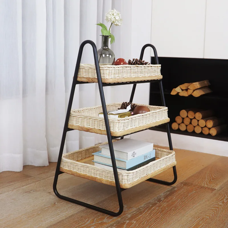 floor-to-ceiling rattan storage rack, homestay decorative sundries rack, hand-woven solid wood three-layer storage basket