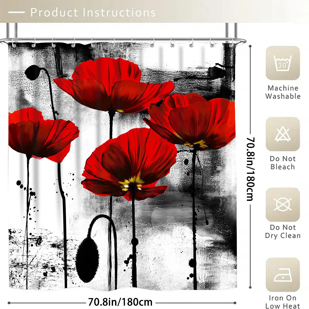 1/4 piece flower simple pattern waterproof shower curtain or waterproof anti-slip shower curtain set, 12 free hooks