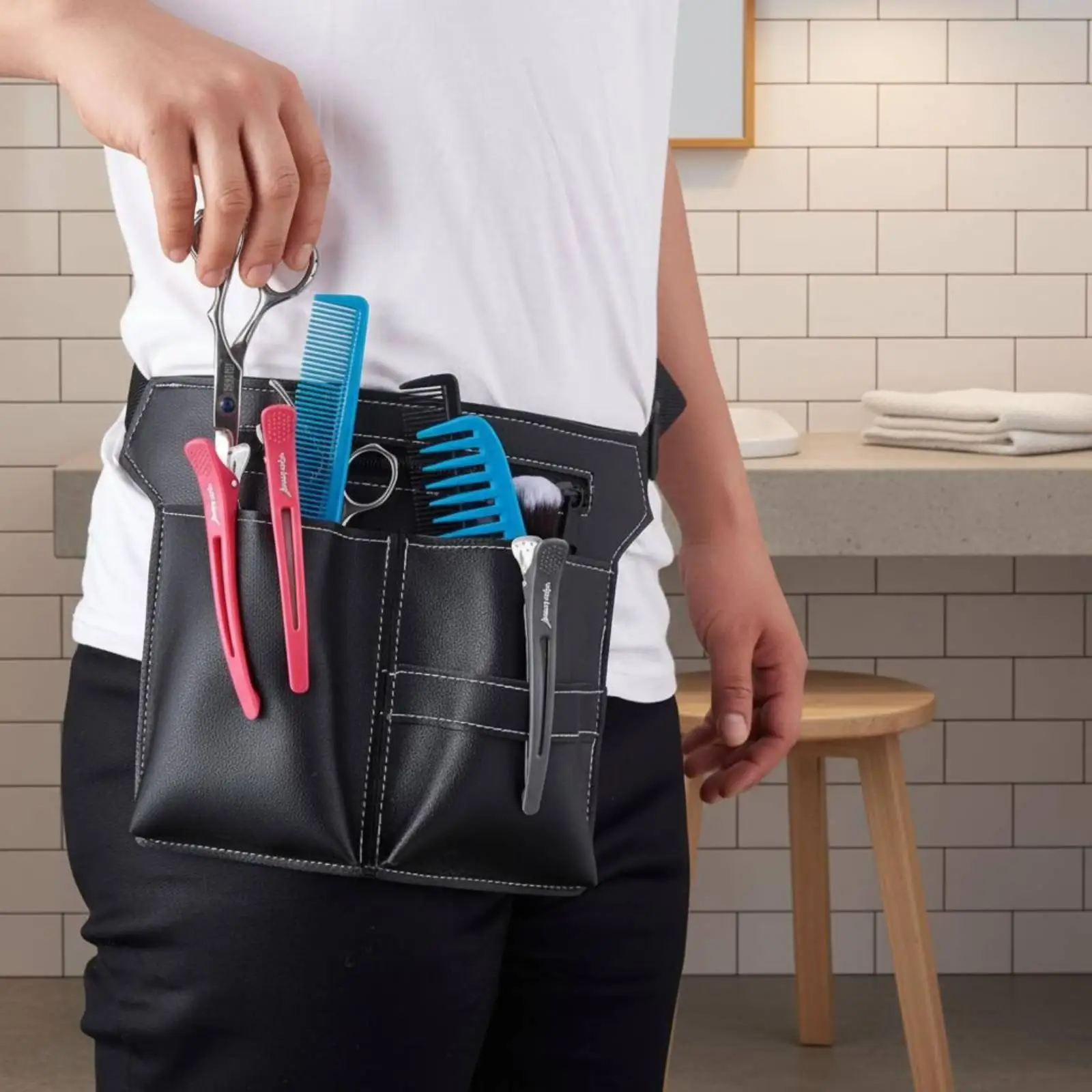 Compact Leather Tool Belt Pouch for Barber Hairdressing Scissors Combs Clips Storage with Adjustable Waist Strap Portable
