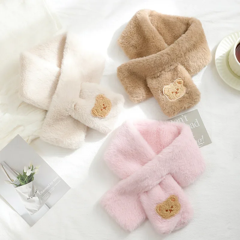 Cartoon Bear Baby Cross Scarf Winter Thick Warm Neck Cover for Boy Girl Outdoor Kids Windproof Neckerchief