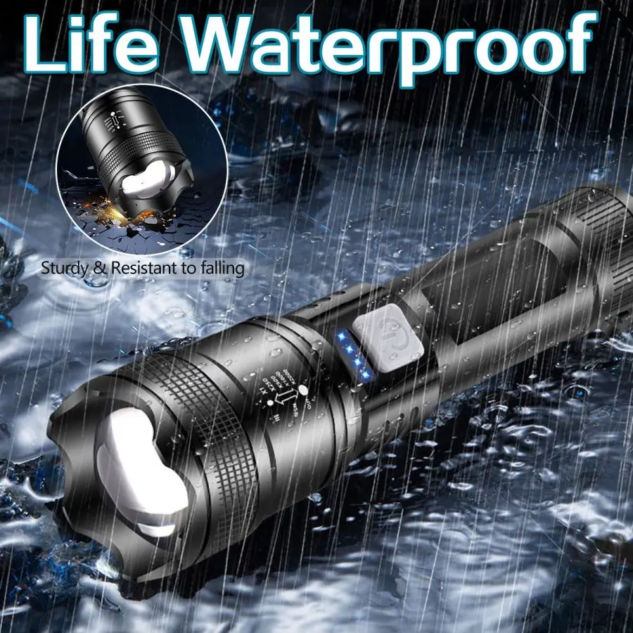 Powerful LED Flashlight Built-in 26650 Battery Powered 4 Lighting Modes USB Rechargeable Flashlights Waterproof Torch