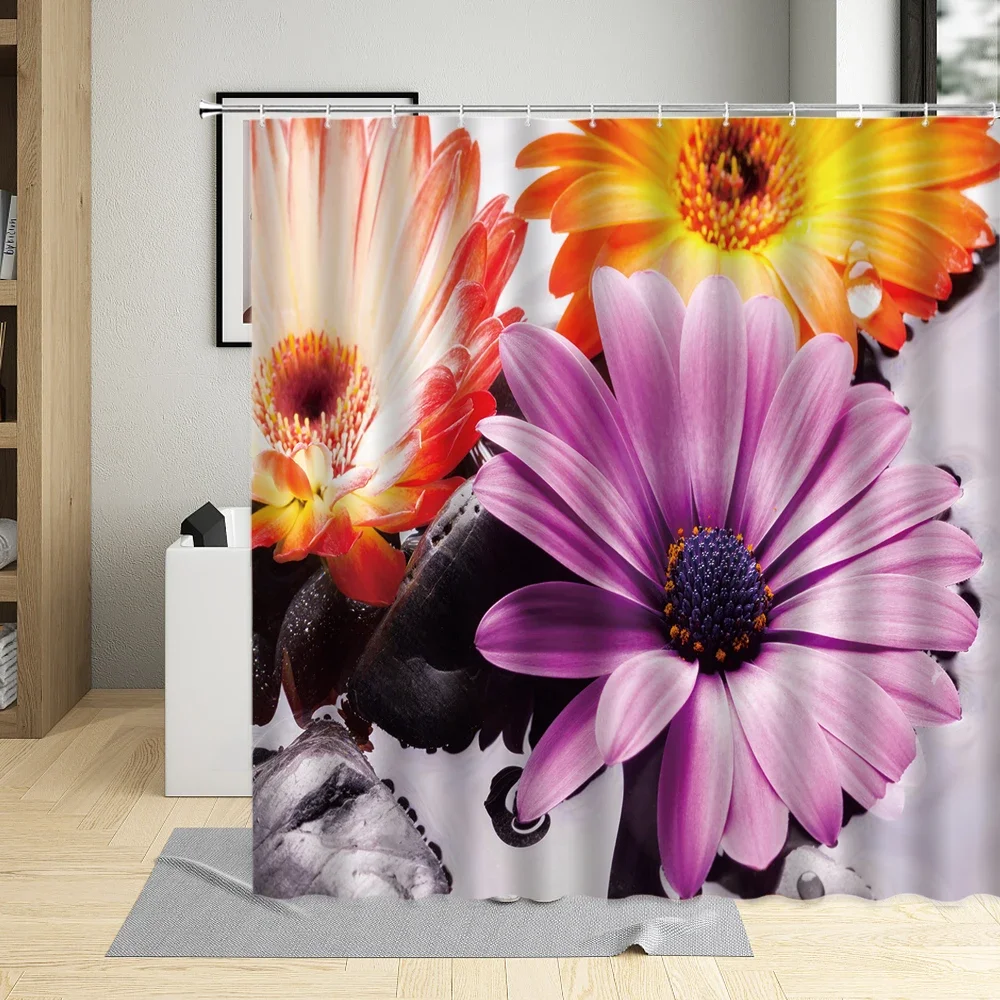 Spring Colorful Flower Beautiful Bathroom Decor Daisy Chrysanthemum Floral Plant Shower Curtain With Hooks Bath Curtains Set