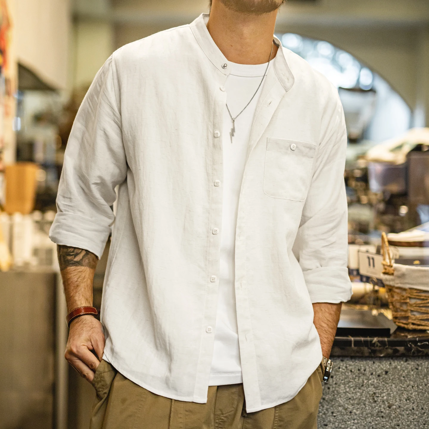 

Мужская льняная рубашка Maden с воротником-стойкой, легкая, с длинными рукавами, на пуговицах, свободного кроя, повседневная, весенняя, в минималистичном стиле