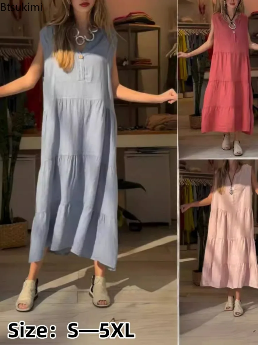 

2024 Women's Summer Ruffles Splic Long Shirt Dress Solid Sleeveless V-neck Casual Loose Dress Female Vacation Sundress Robe 5XL